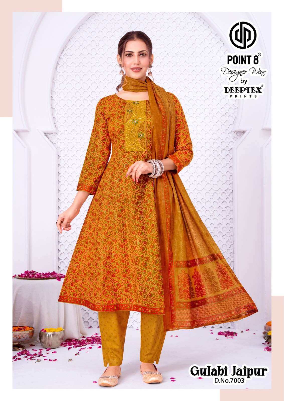 DEEPTEX PRINTS GULABI JAIPURI VOL 7 COTTON PRINTED FANCY ANARKALI STYLE LADIES KURTI PANT WITH DUPATTA SET 