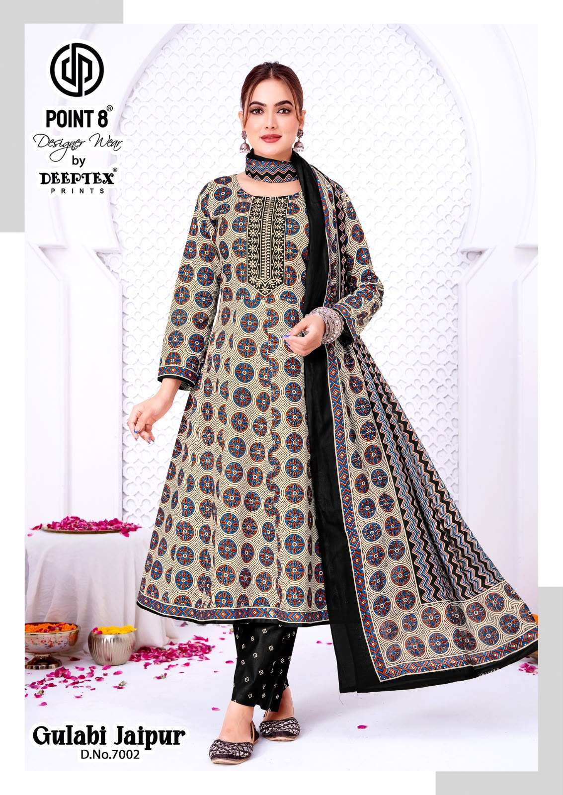 DEEPTEX PRINTS GULABI JAIPURI VOL 7 COTTON PRINTED FANCY ANARKALI STYLE LADIES KURTI PANT WITH DUPATTA SET 