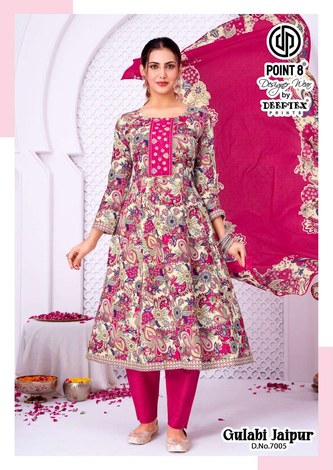 DEEPTEX PRINTS GULABI JAIPURI VOL 7 COTTON PRINTED FANCY ANARKALI STYLE LADIES KURTI PANT WITH DUPATTA SET 