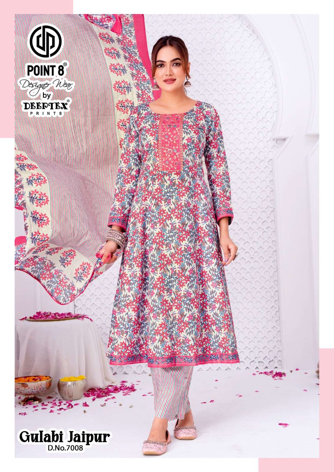 DEEPTEX PRINTS GULABI JAIPURI VOL 7 COTTON PRINTED FANCY ANARKALI STYLE LADIES KURTI PANT WITH DUPATTA SET 