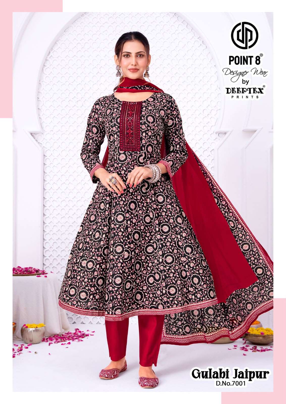 DEEPTEX PRINTS GULABI JAIPURI VOL 7 COTTON PRINTED FANCY ANARKALI STYLE LADIES KURTI PANT WITH DUPATTA SET 