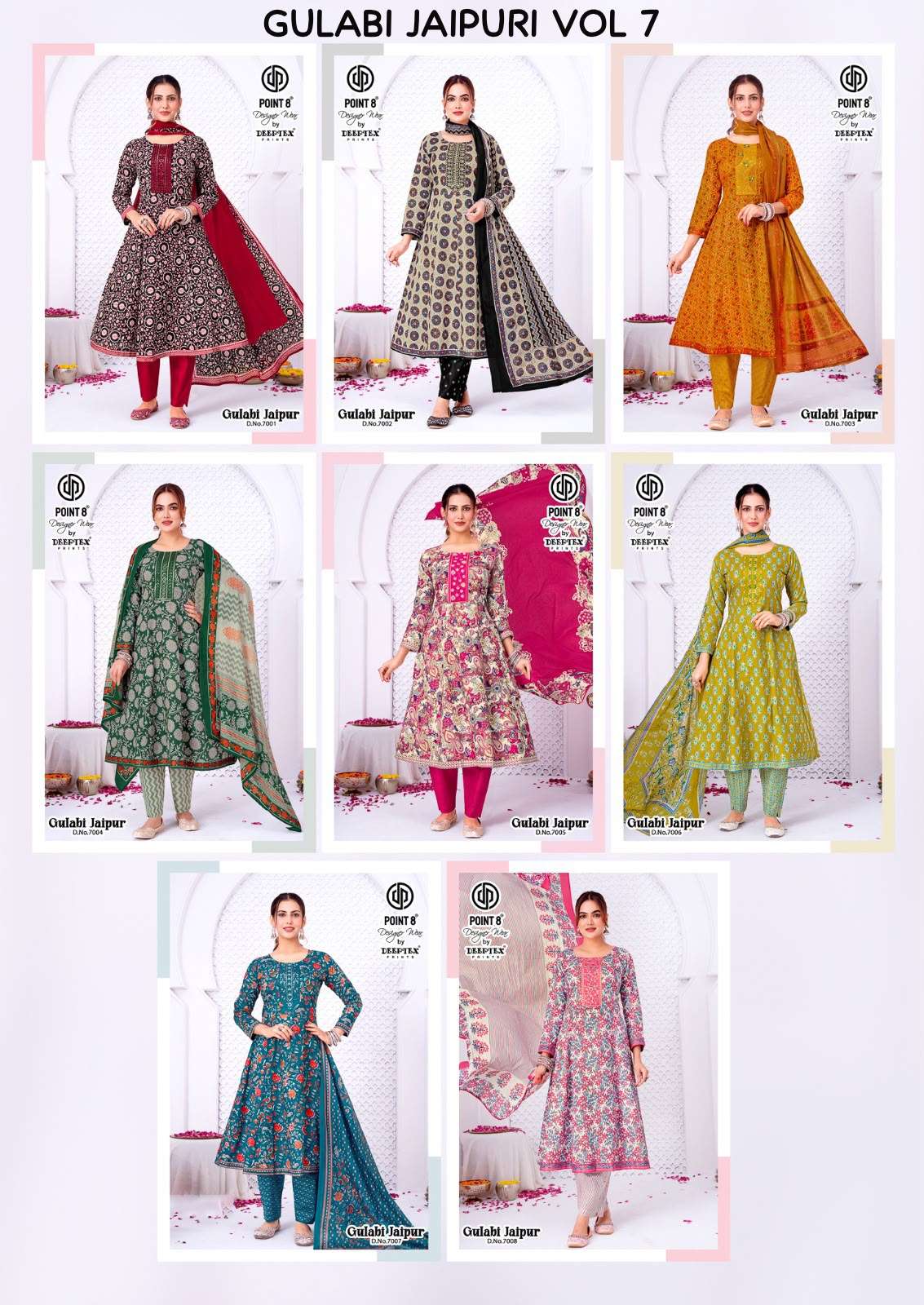DEEPTEX PRINTS GULABI JAIPURI VOL 7 COTTON PRINTED FANCY ANARKALI STYLE LADIES KURTI PANT WITH DUPATTA SET 