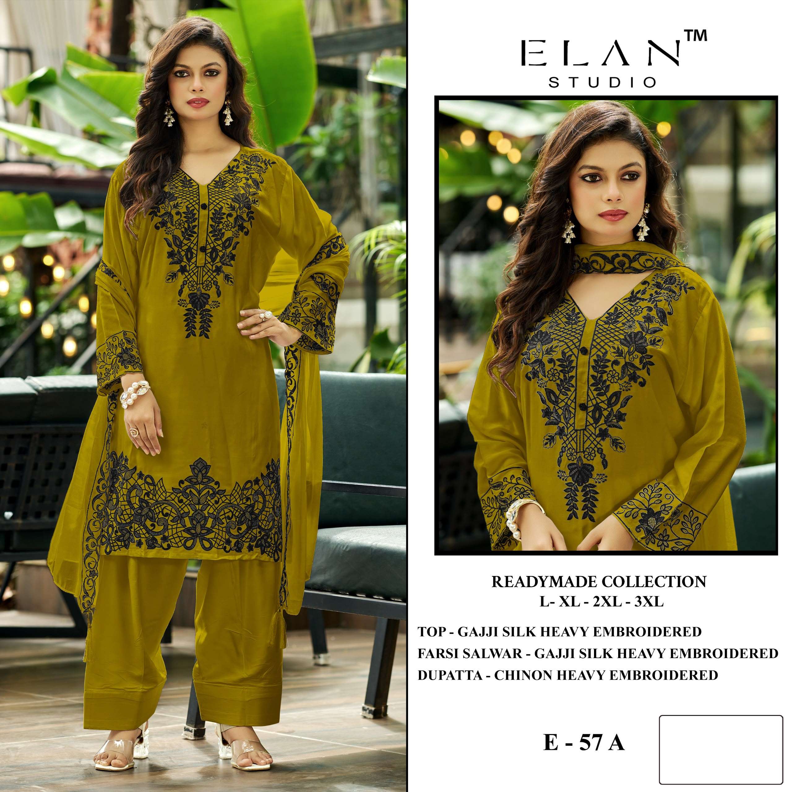 ELAN STUDI E 57 SILK HEAVY EMBROIDERED DESIGNER READY MADE SUIT
