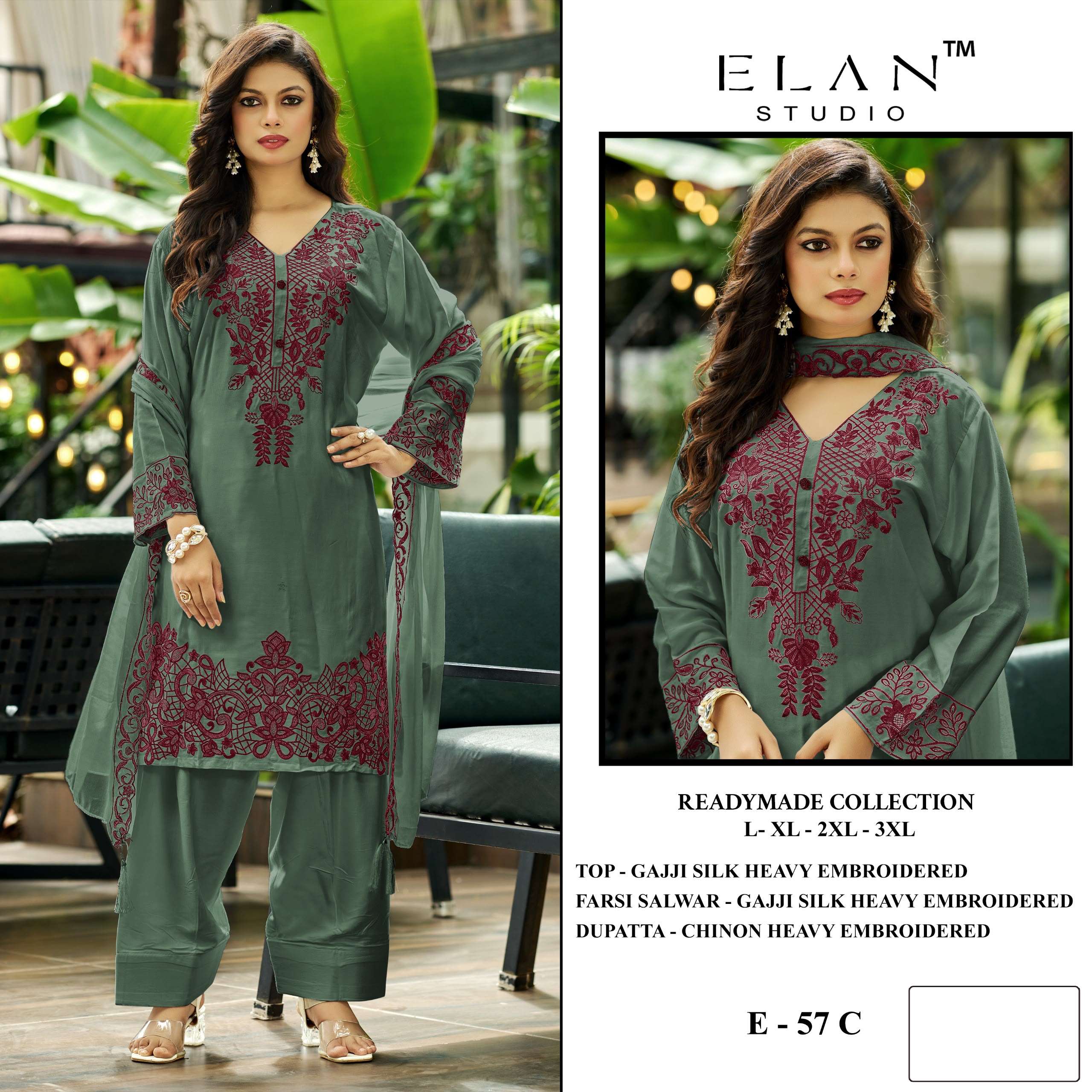 ELAN STUDI E 57 SILK HEAVY EMBROIDERED DESIGNER READY MADE SUIT