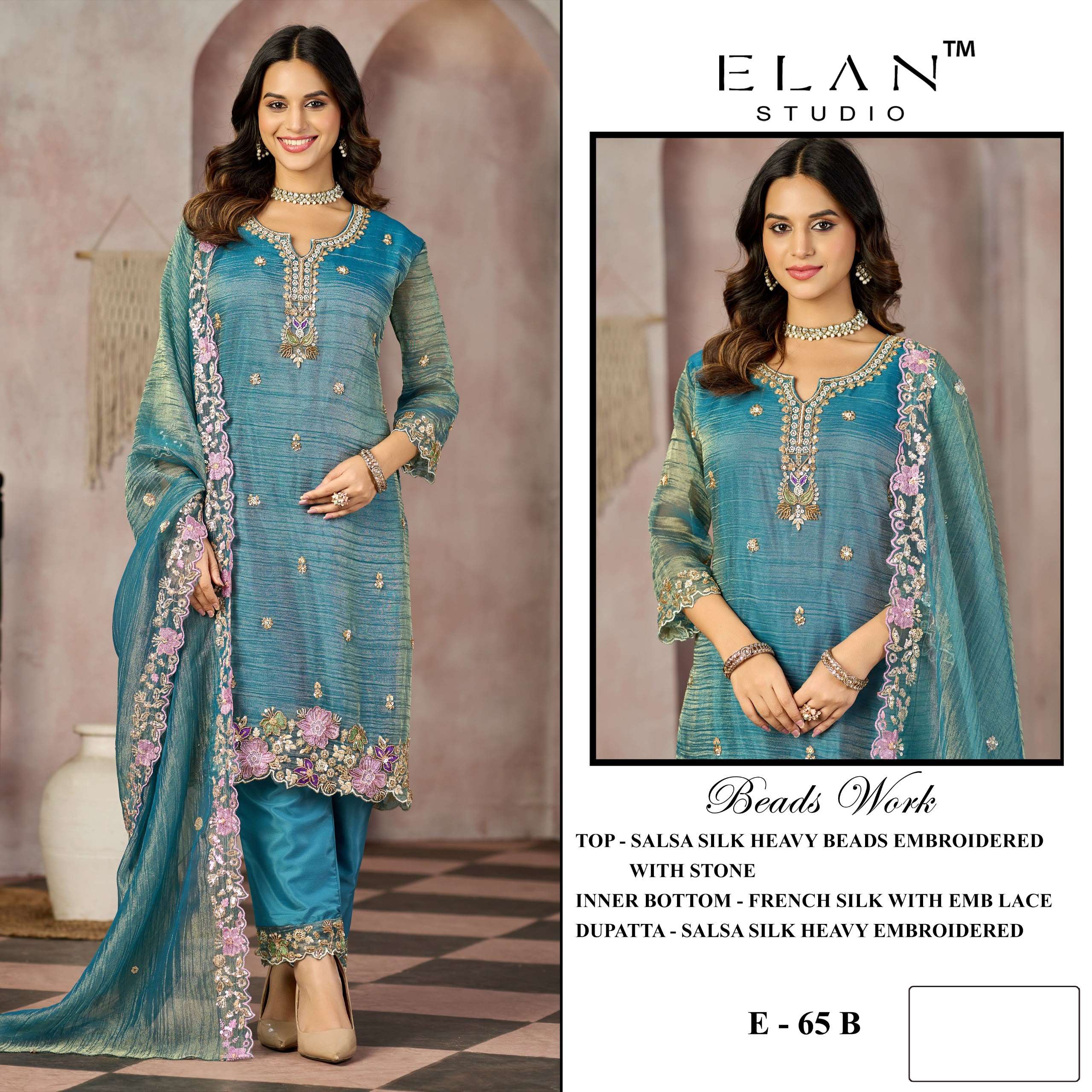 ELAN STUDIO E 65 SALSA HEAVY BEADS  EMBROIDERED DESIGNER WORK SUIT