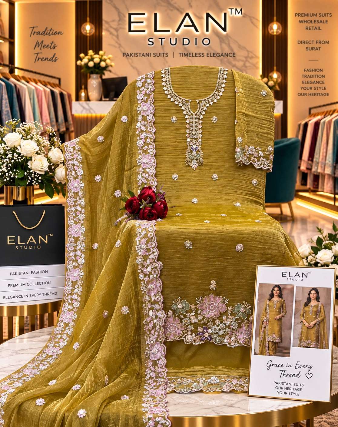 ELAN STUDIO E 65 SALSA HEAVY BEADS  EMBROIDERED DESIGNER WORK SUIT