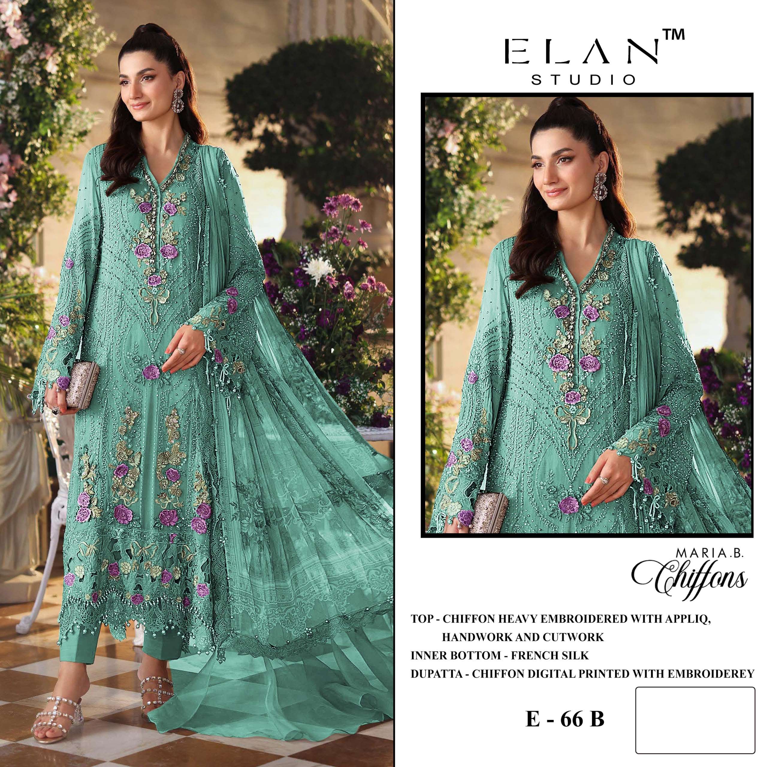 ELAN STUDIO E 66 CHIFFON HEAVY EMBROIDERED DESIGNER PAKISTANI STYLE SUIT