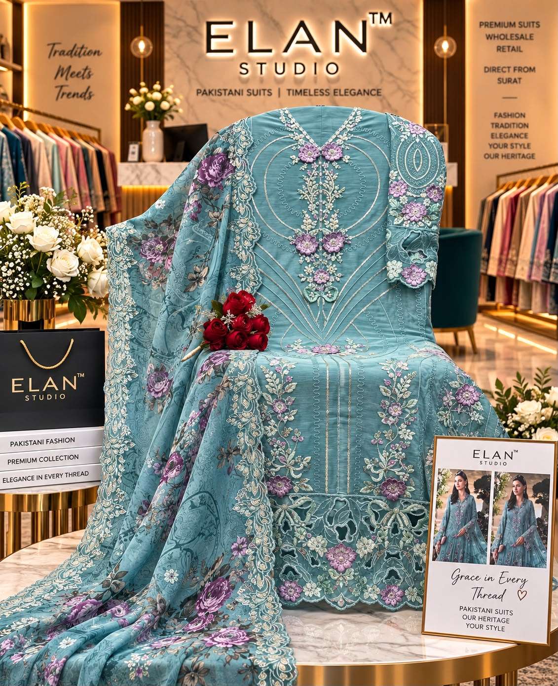 ELAN STUDIO E 66 CHIFFON HEAVY EMBROIDERED DESIGNER PAKISTANI STYLE SUIT