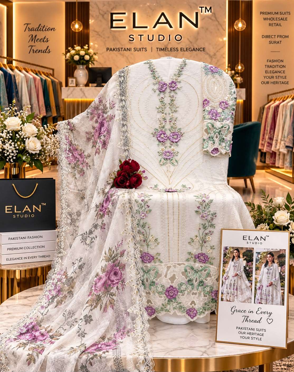 ELAN STUDIO E 66 CHIFFON HEAVY EMBROIDERED DESIGNER PAKISTANI STYLE SUIT
