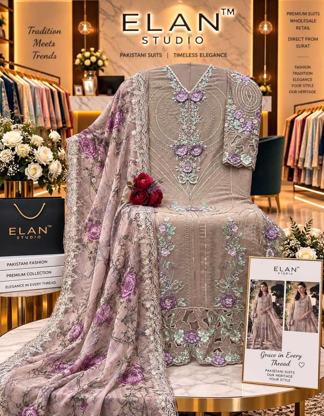 ELAN STUDIO E 66 CHIFFON HEAVY EMBROIDERED DESIGNER PAKISTANI STYLE SUIT