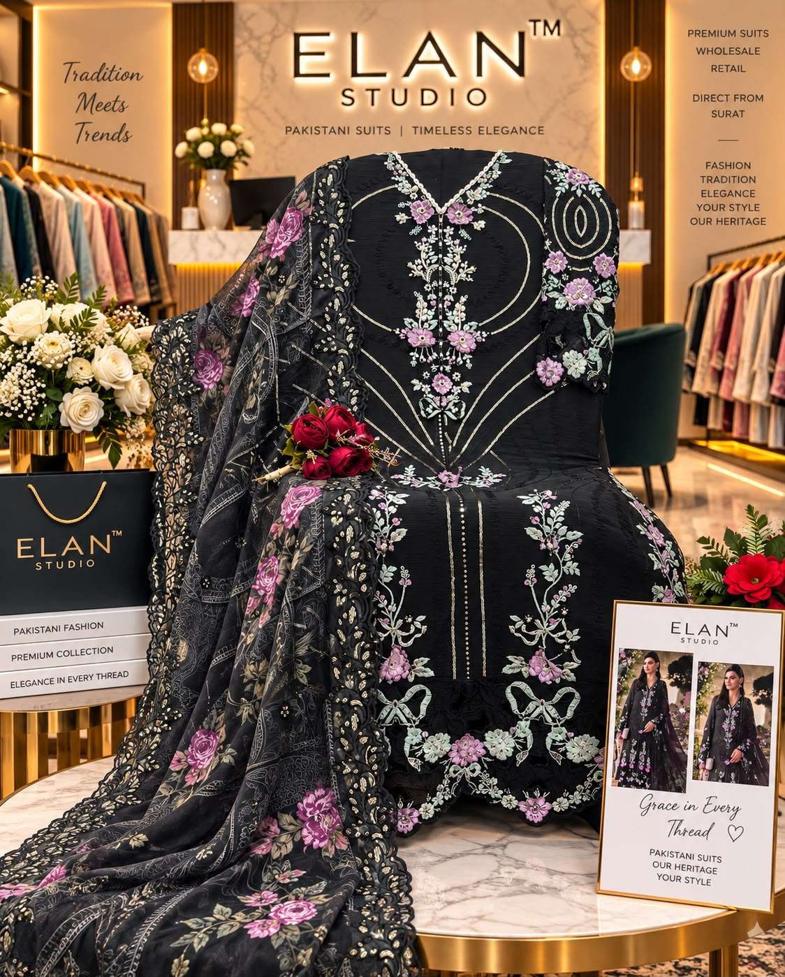 ELAN STUDIO E 66 CHIFFON HEAVY EMBROIDERED DESIGNER PAKISTANI STYLE SUIT