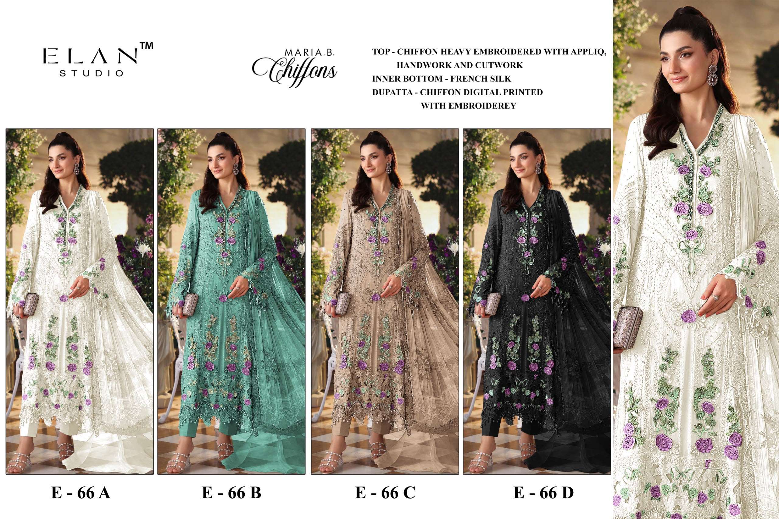 ELAN STUDIO E 66 CHIFFON HEAVY EMBROIDERED DESIGNER PAKISTANI STYLE SUIT