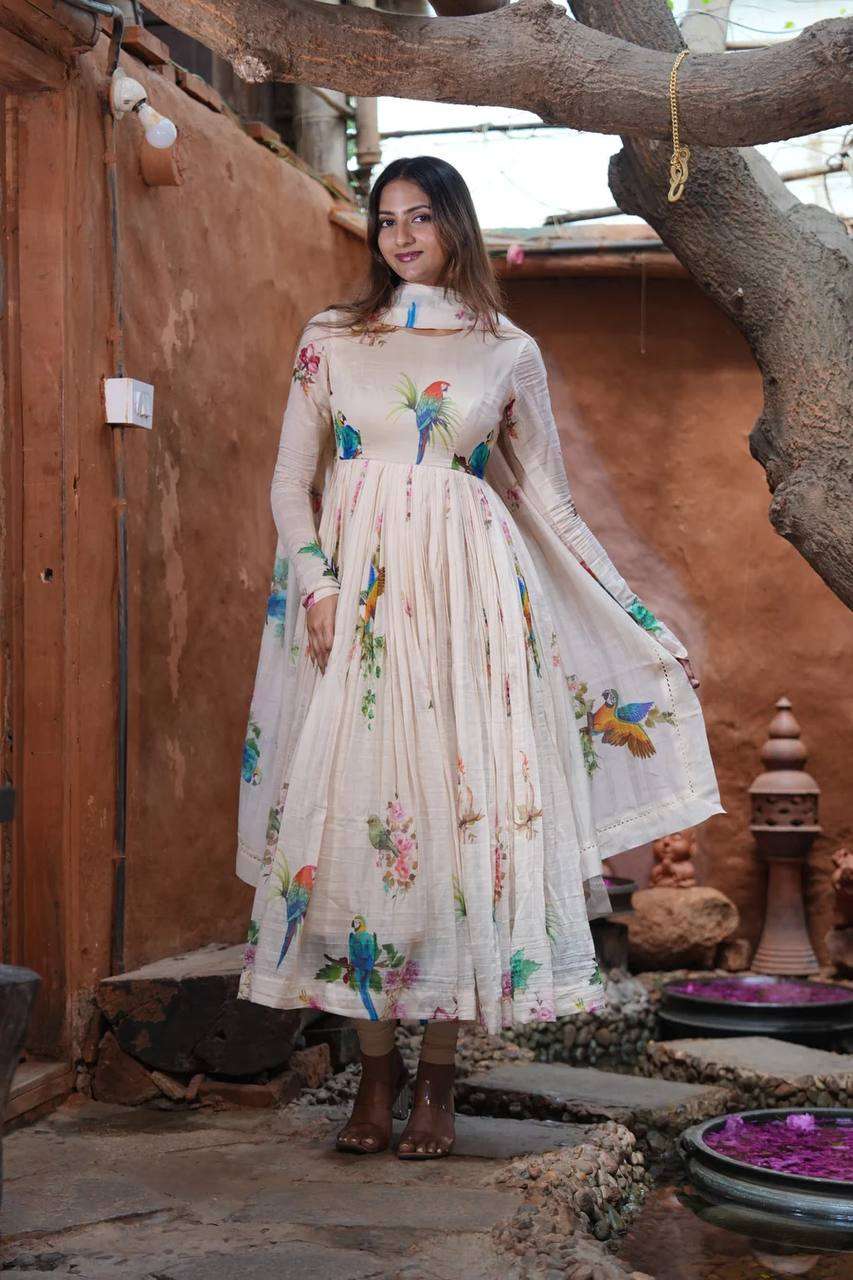 FD 820 SILK DIGITAL PRINTS FANCY PREETY LOOK DESIGNER ANARKALI STYLE GOWN PANT WITH DUPATTA SET 