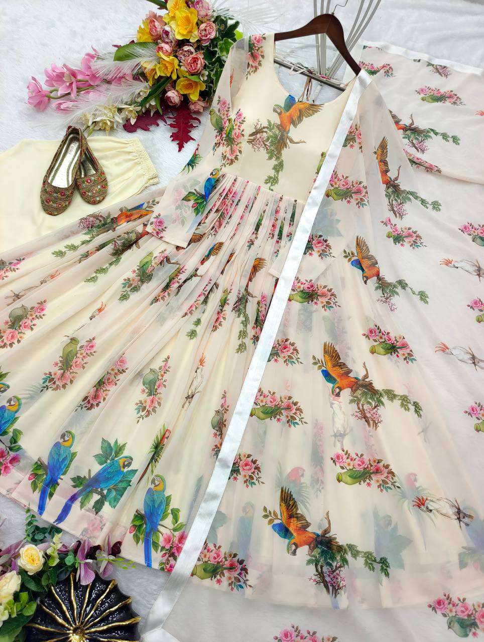 FD 820 SILK DIGITAL PRINTS FANCY PREETY LOOK DESIGNER ANARKALI STYLE GOWN PANT WITH DUPATTA SET 