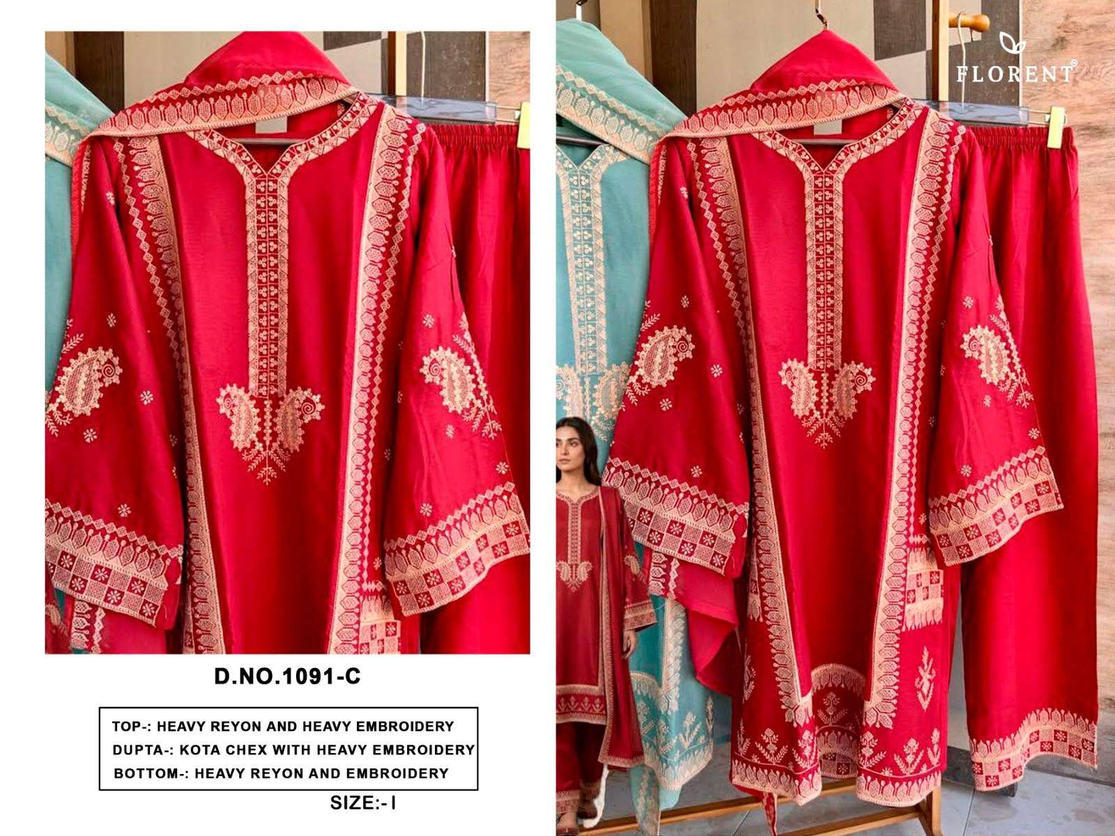 FLORENT D NO 1091 CD RAYON HEAVY EMBROIDERY DESIGNER WORKED READY MADE PAKISTANI SUIT 