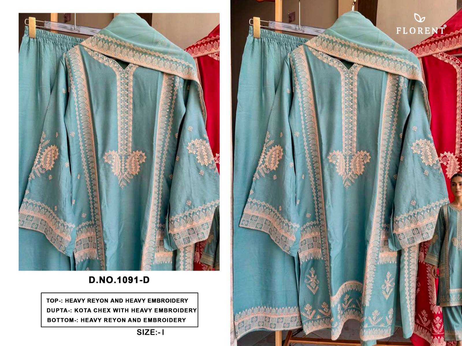 FLORENT D NO 1091 CD RAYON HEAVY EMBROIDERY DESIGNER WORKED READY MADE PAKISTANI SUIT 