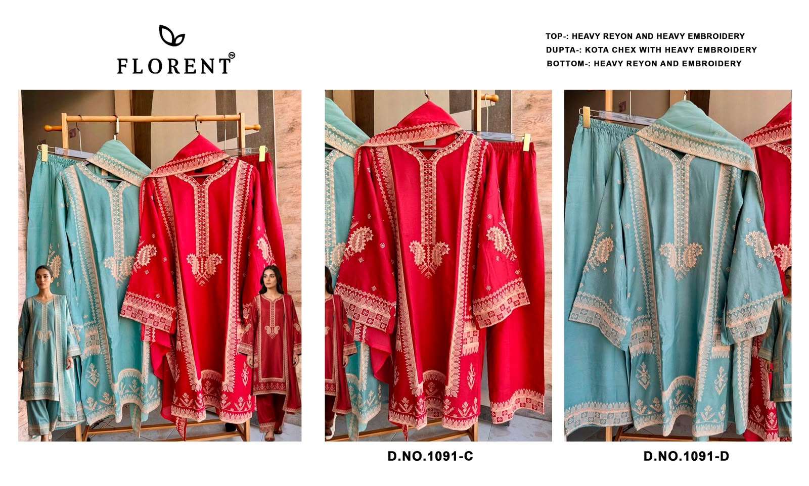 FLORENT D NO 1091 CD RAYON HEAVY EMBROIDERY DESIGNER WORKED READY MADE PAKISTANI SUIT 