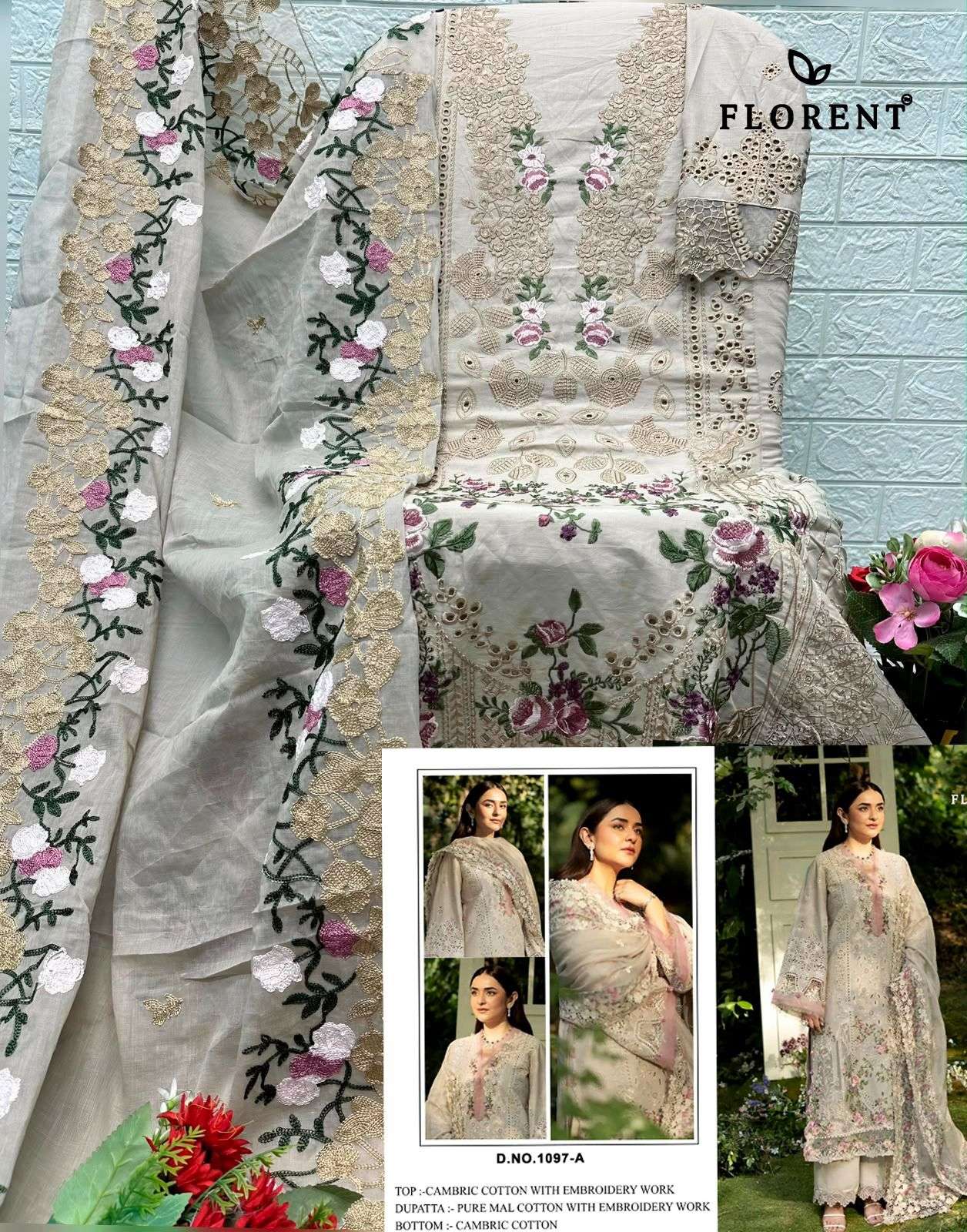 FLORENT D NO 1097  COTTON WITH HEAVY EMBROIDERY WORK SUIT