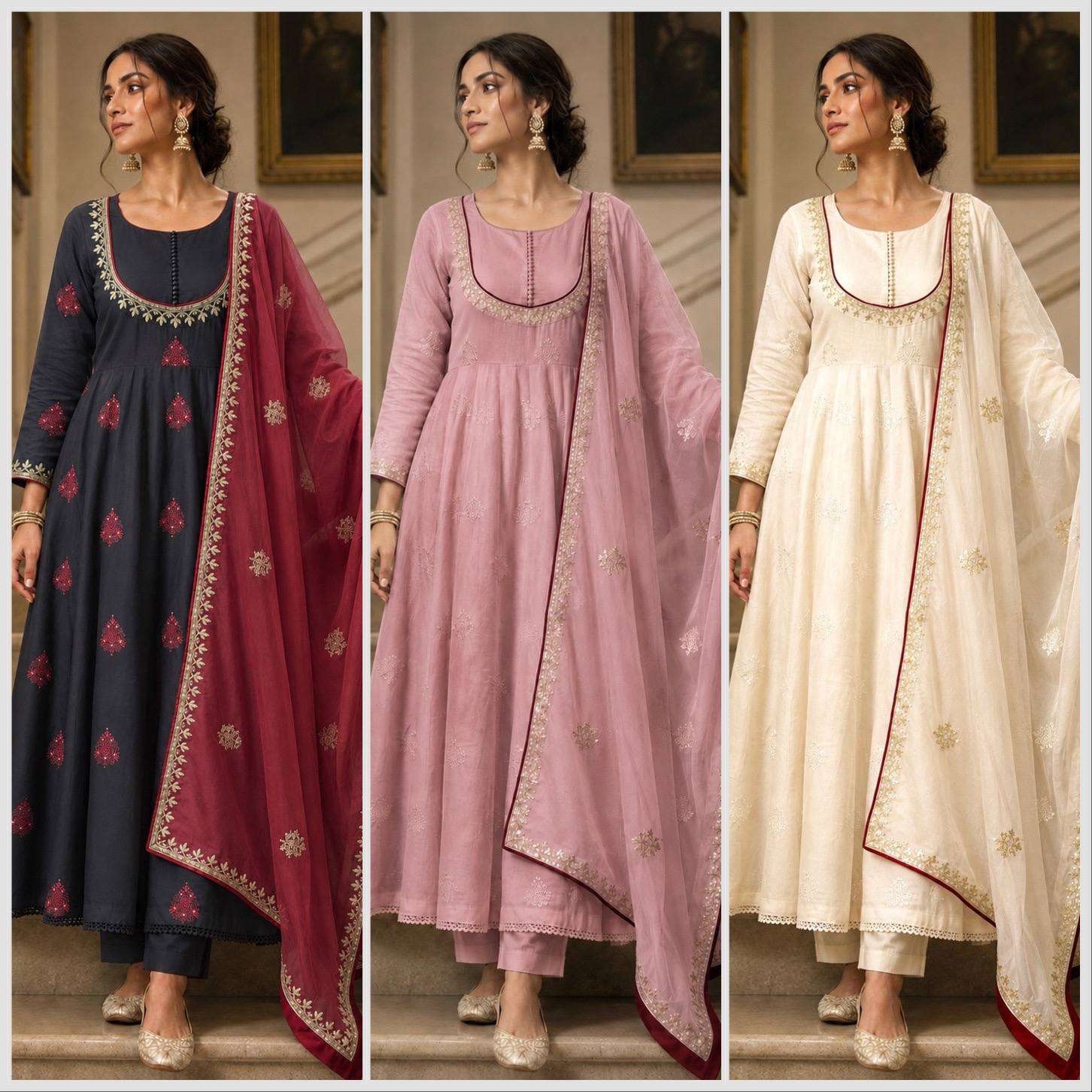 HK 1740 COTTON PREETY LOOKS DESIGNER ANARKALI STYLE LADIES 3PCS SET COLLECTION 