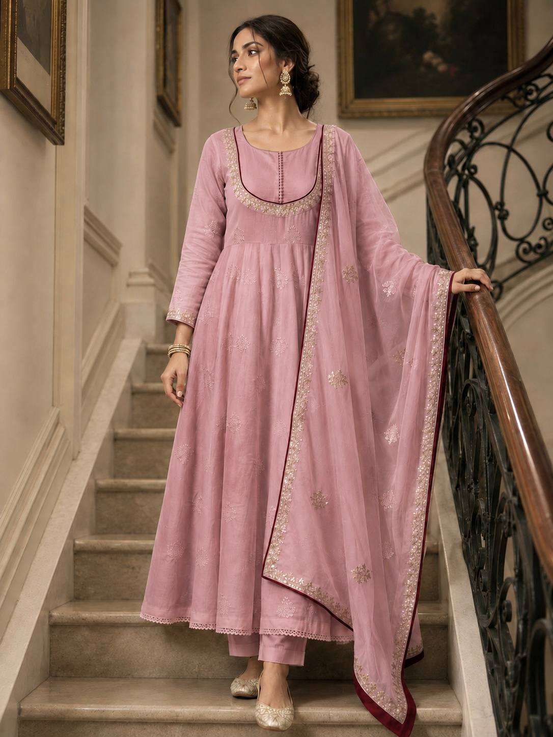 HK 1740 COTTON PREETY LOOKS DESIGNER ANARKALI STYLE LADIES 3PCS SET COLLECTION 