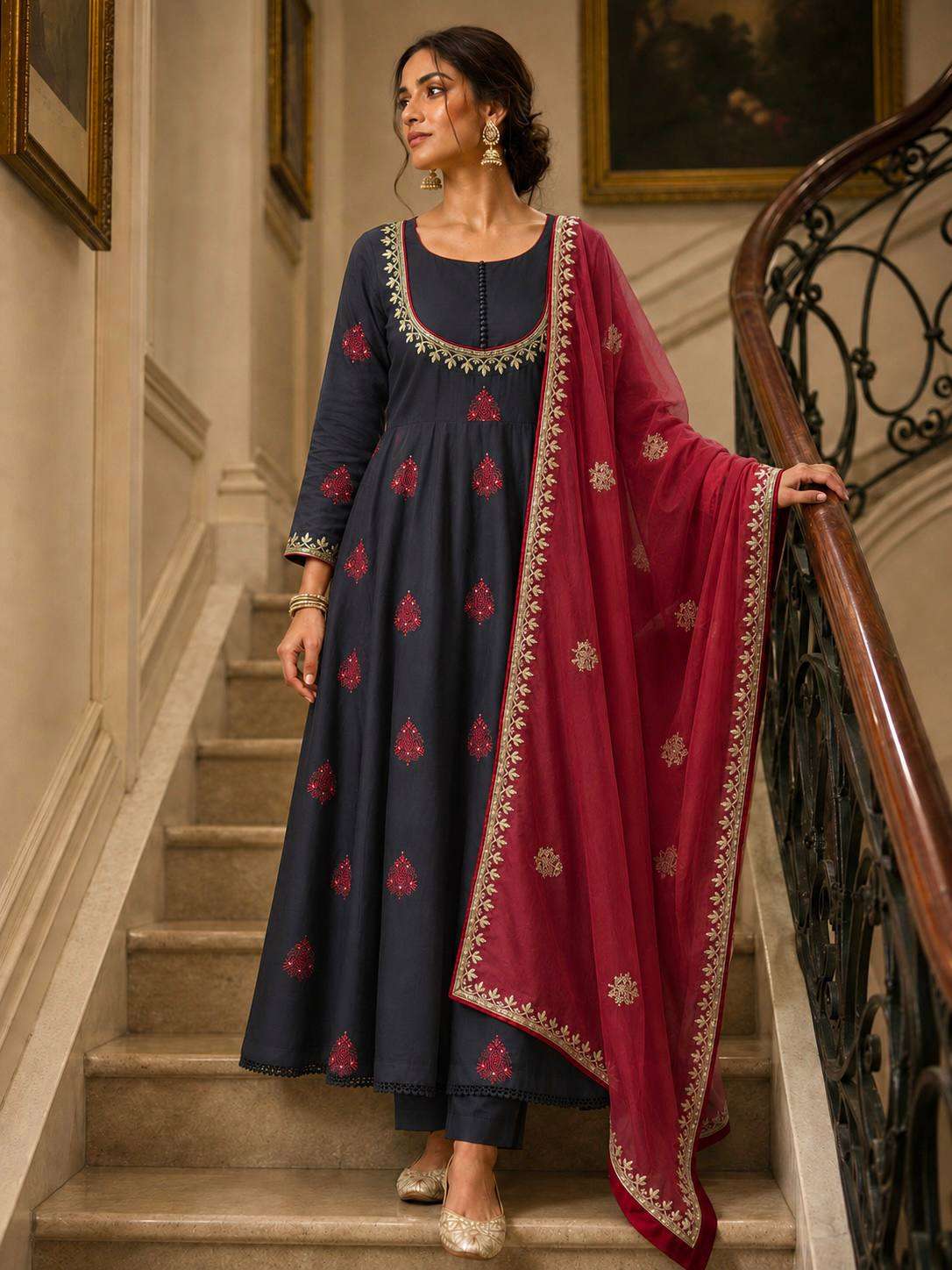 HK 1740 COTTON PREETY LOOKS DESIGNER ANARKALI STYLE LADIES 3PCS SET COLLECTION 