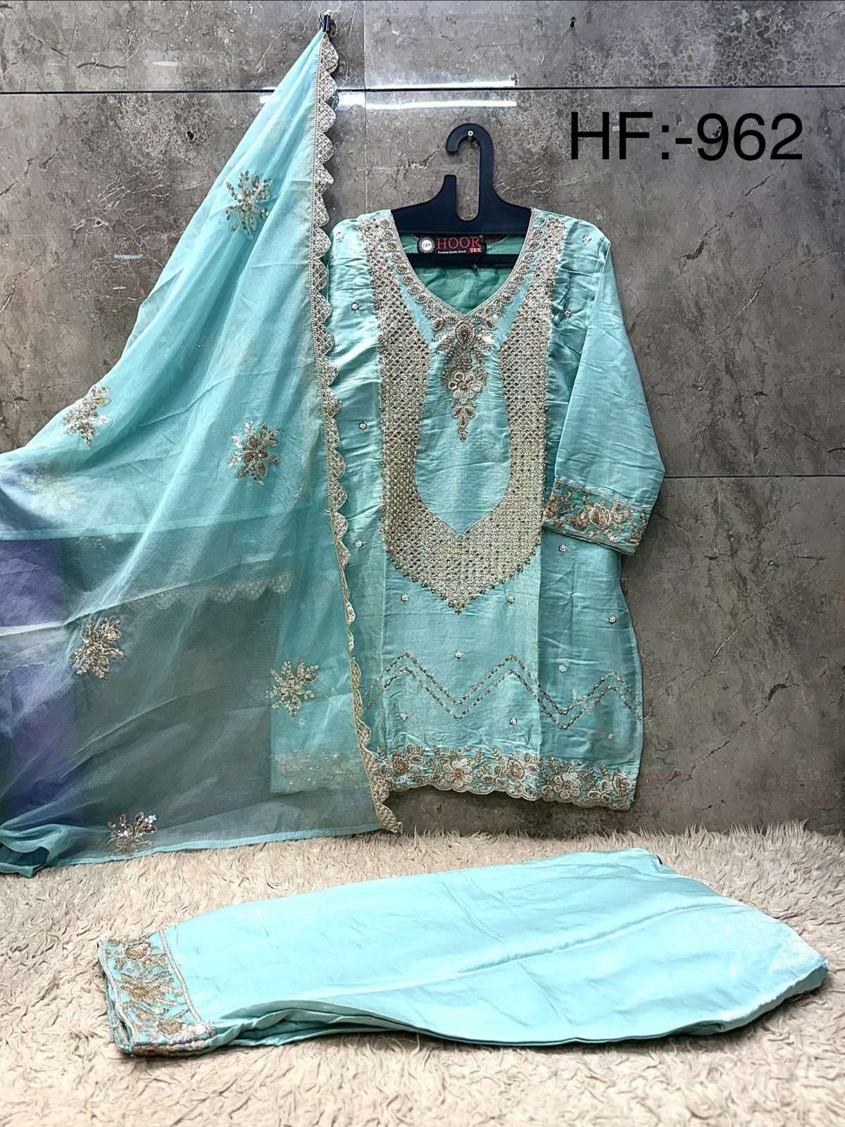 HOOR TEX HF 962 SILK EMBROIDERY DESIGNER WORK READY MADE SUIT