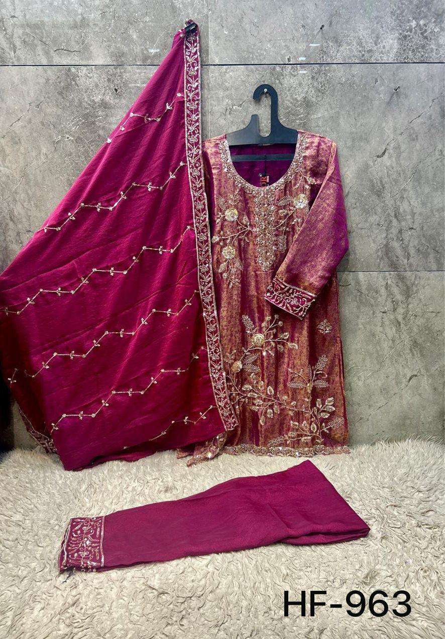 HOOR TEX HF 963 SILK EMBROIDERY DESIGNER READY MADE SUIT
