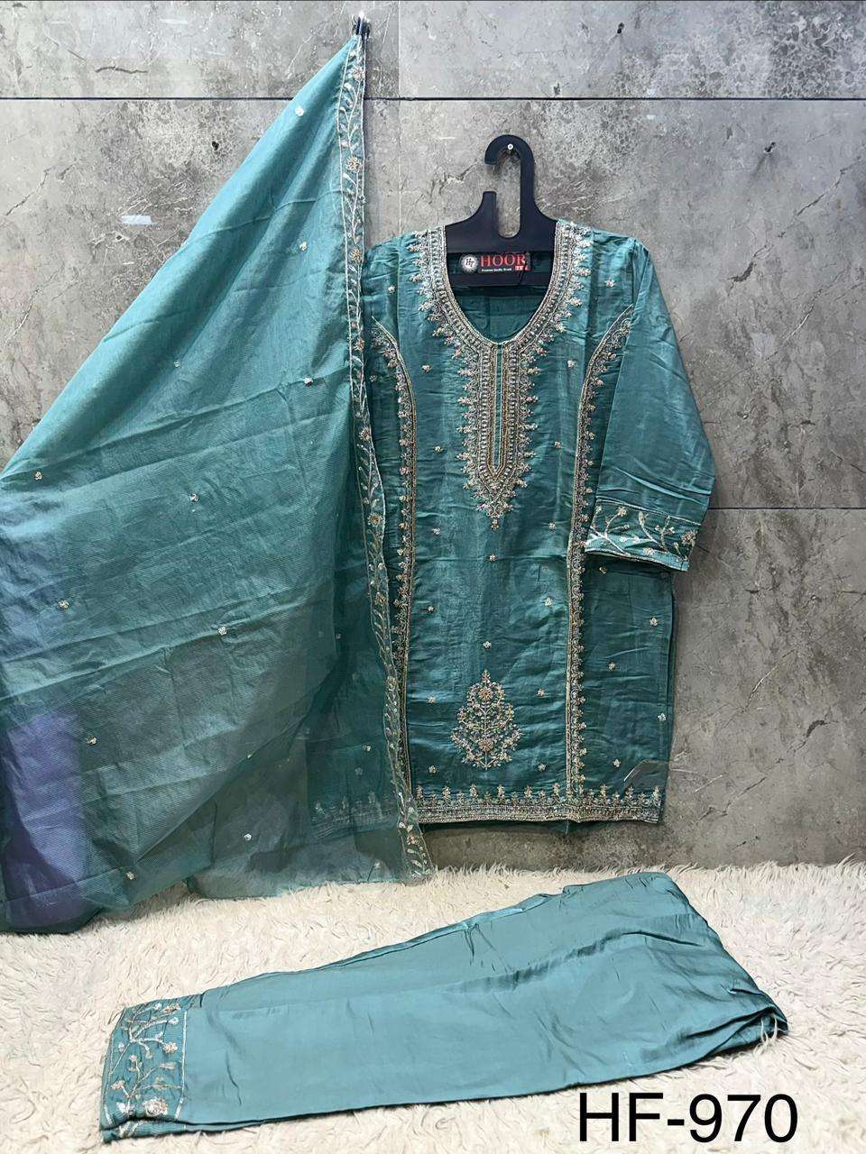 HOOR TEX HF 970 SILK EMBROIDERED DESIGNER WORK READY MADE SUIT