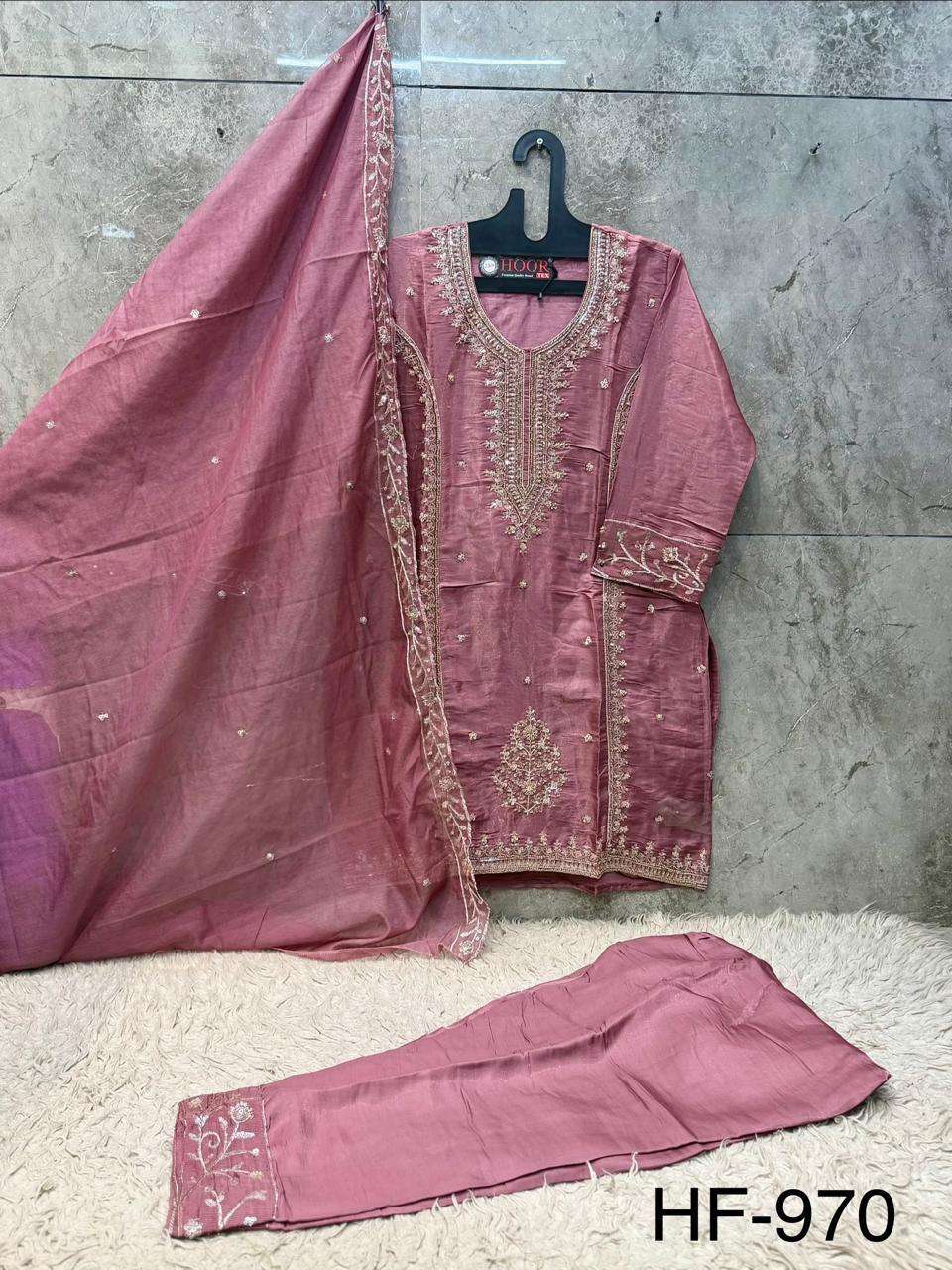 HOOR TEX HF 970 SILK EMBROIDERED DESIGNER WORK READY MADE SUIT