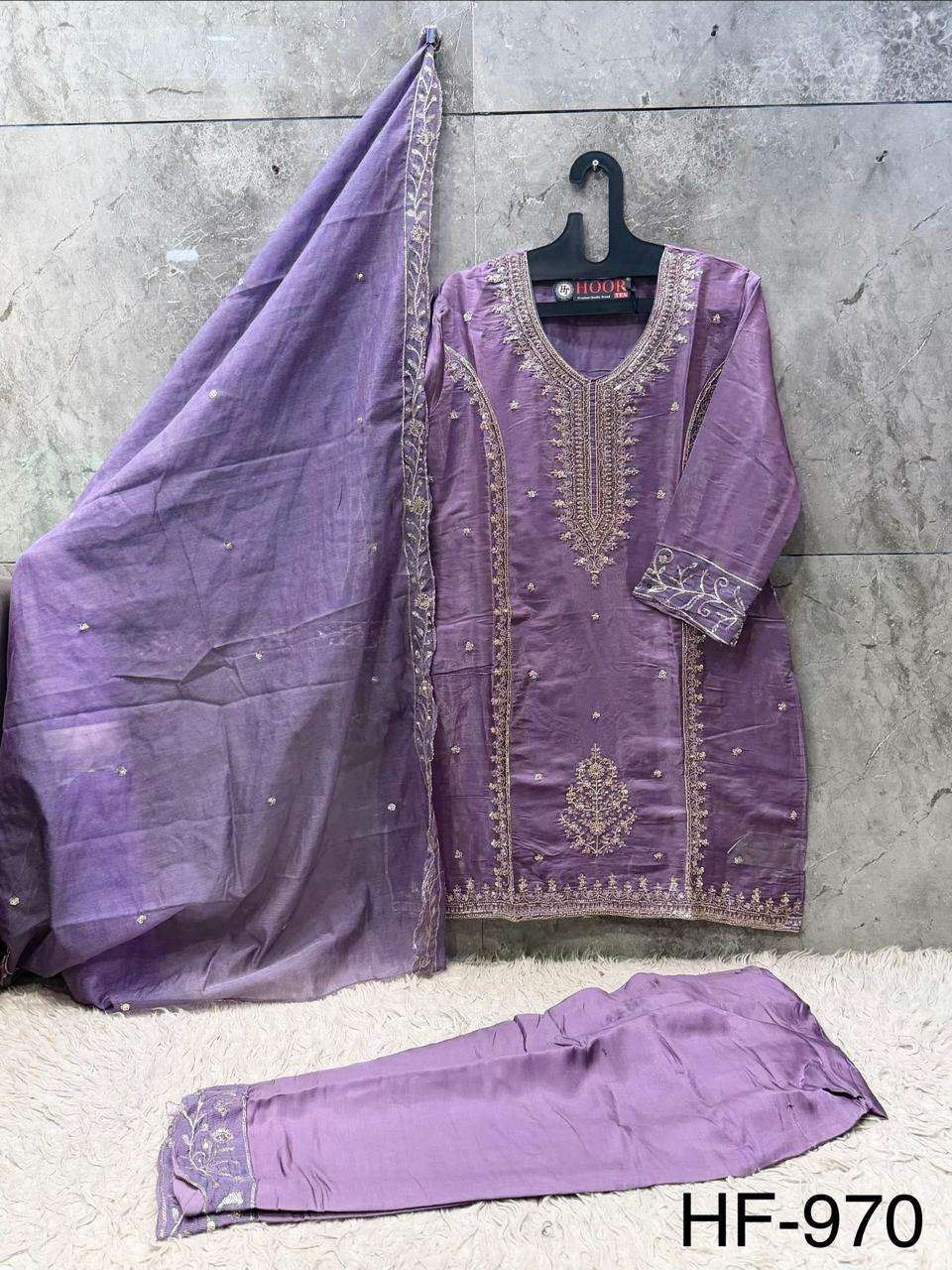 HOOR TEX HF 970 SILK EMBROIDERED DESIGNER WORK READY MADE SUIT
