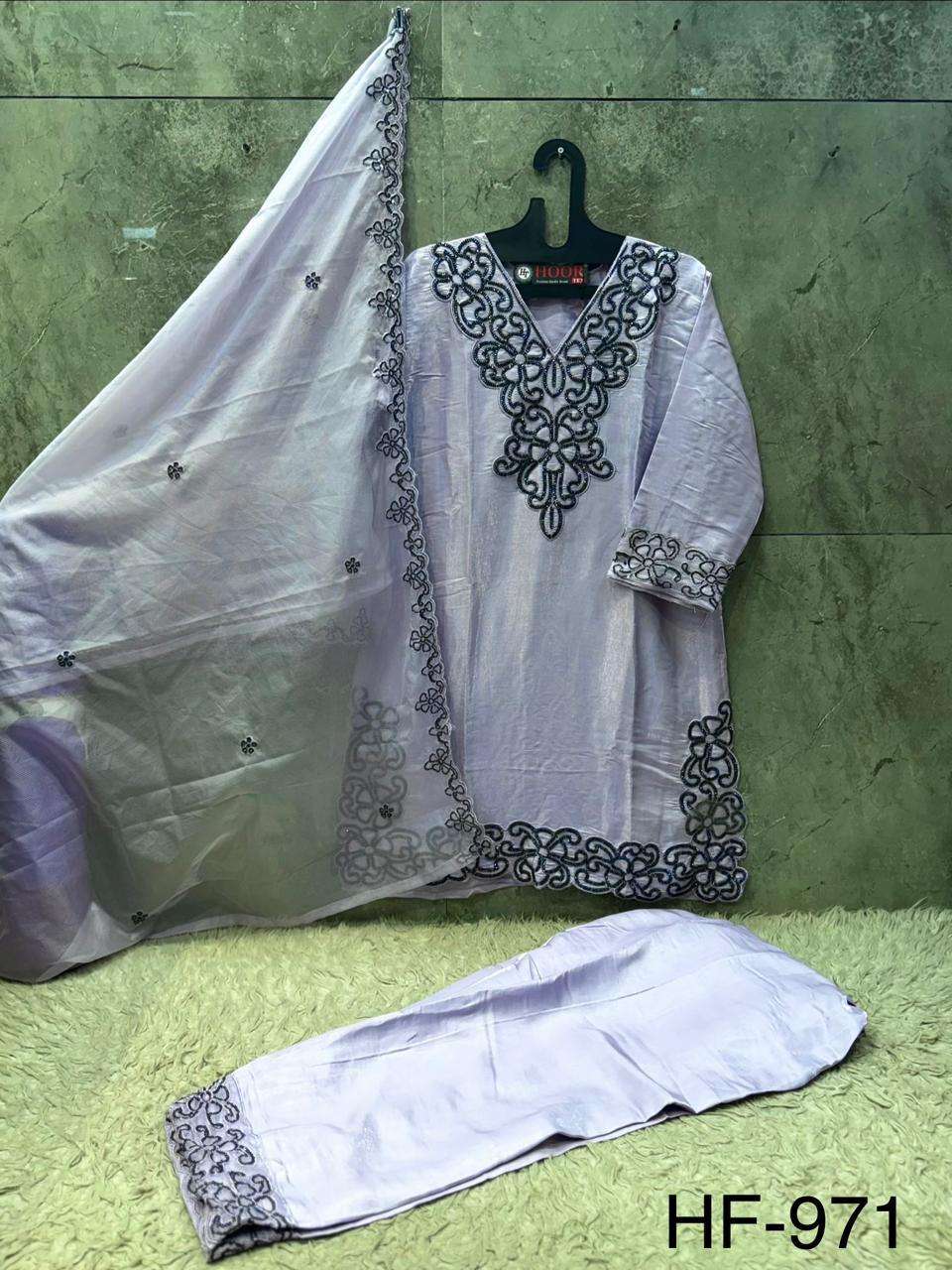 HOOR TEX HF 971 SILK EMBROIDERED DESIGNER WORKED READY MADE SUIT