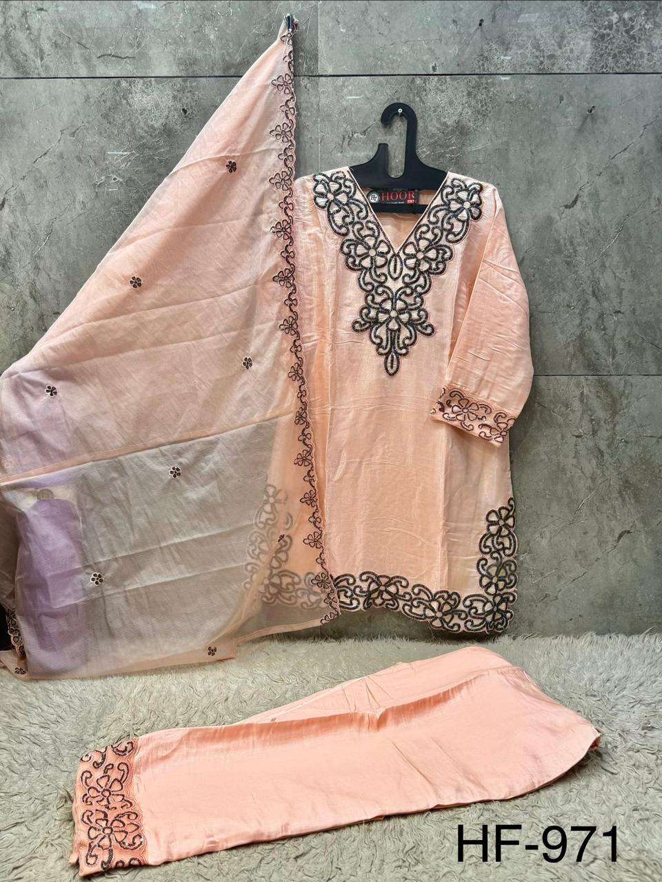 HOOR TEX HF 971 SILK EMBROIDERED DESIGNER WORKED READY MADE SUIT