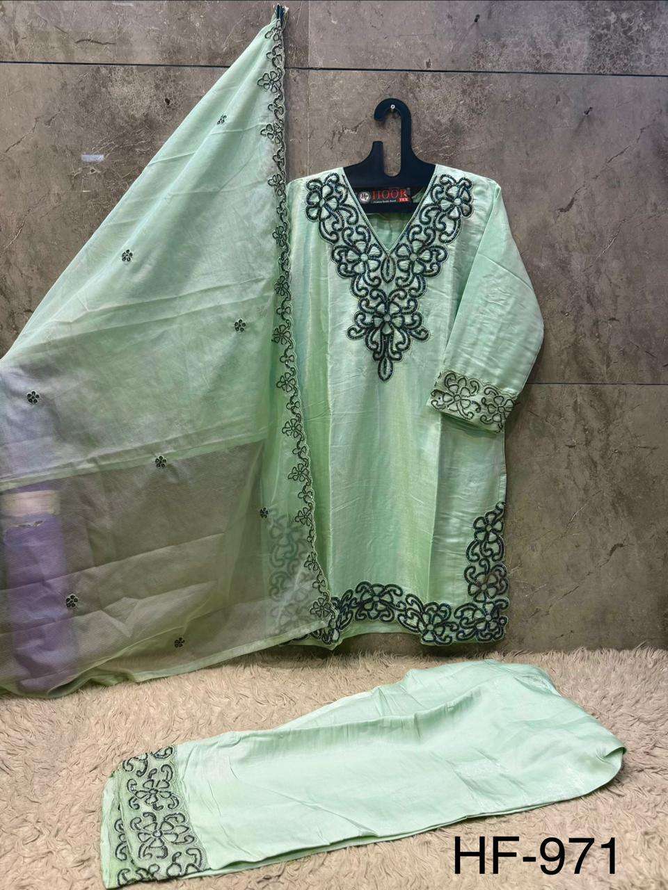 HOOR TEX HF 971 SILK EMBROIDERED DESIGNER WORKED READY MADE SUIT
