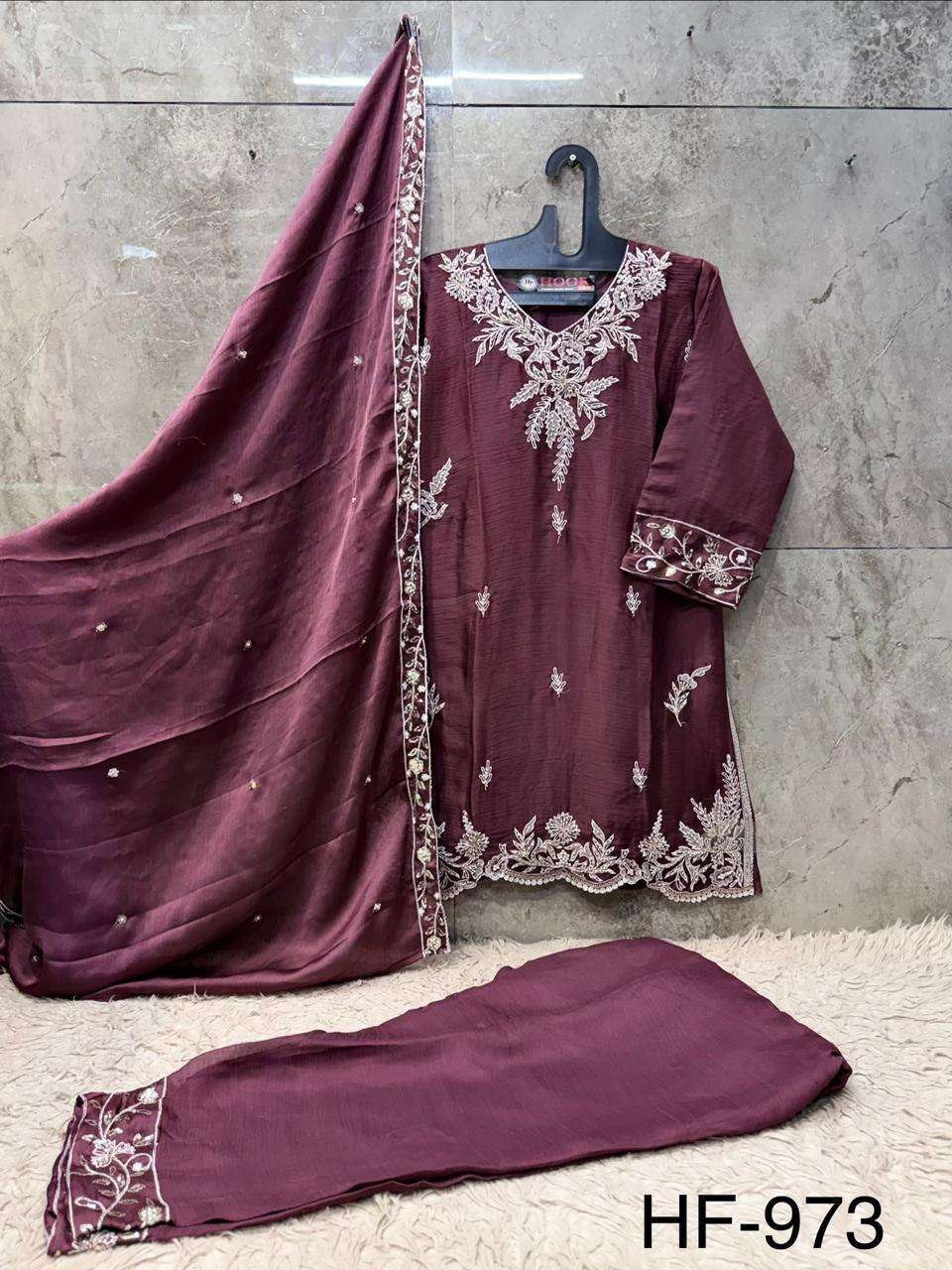 HOOR TEX HF 973 CHIFFON EMBROIDERED DESIGNER WORKED STITCHED SUIT
