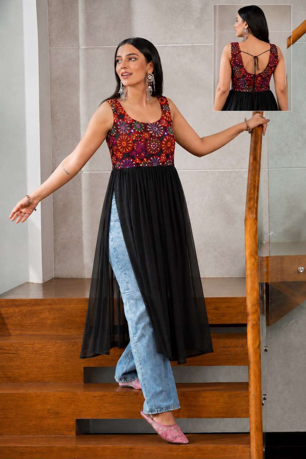 INLI PANGHAT GEORGETTE MIRROR WORK DESIGNER NAVRATRI WEAR LADIES KURTI 