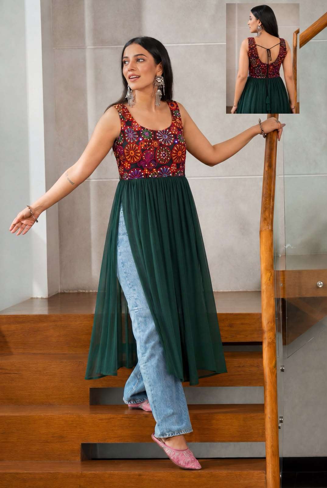 INLI PANGHAT GEORGETTE MIRROR WORK DESIGNER NAVRATRI WEAR LADIES KURTI 