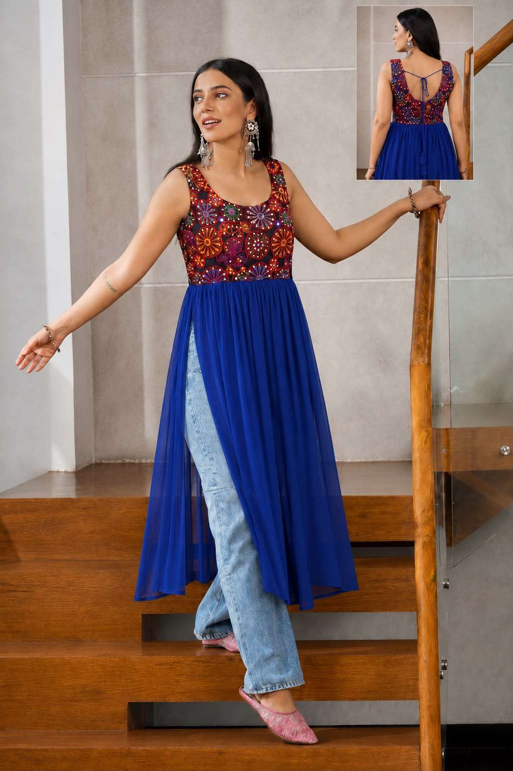 INLI PANGHAT GEORGETTE MIRROR WORK DESIGNER NAVRATRI WEAR LADIES KURTI 