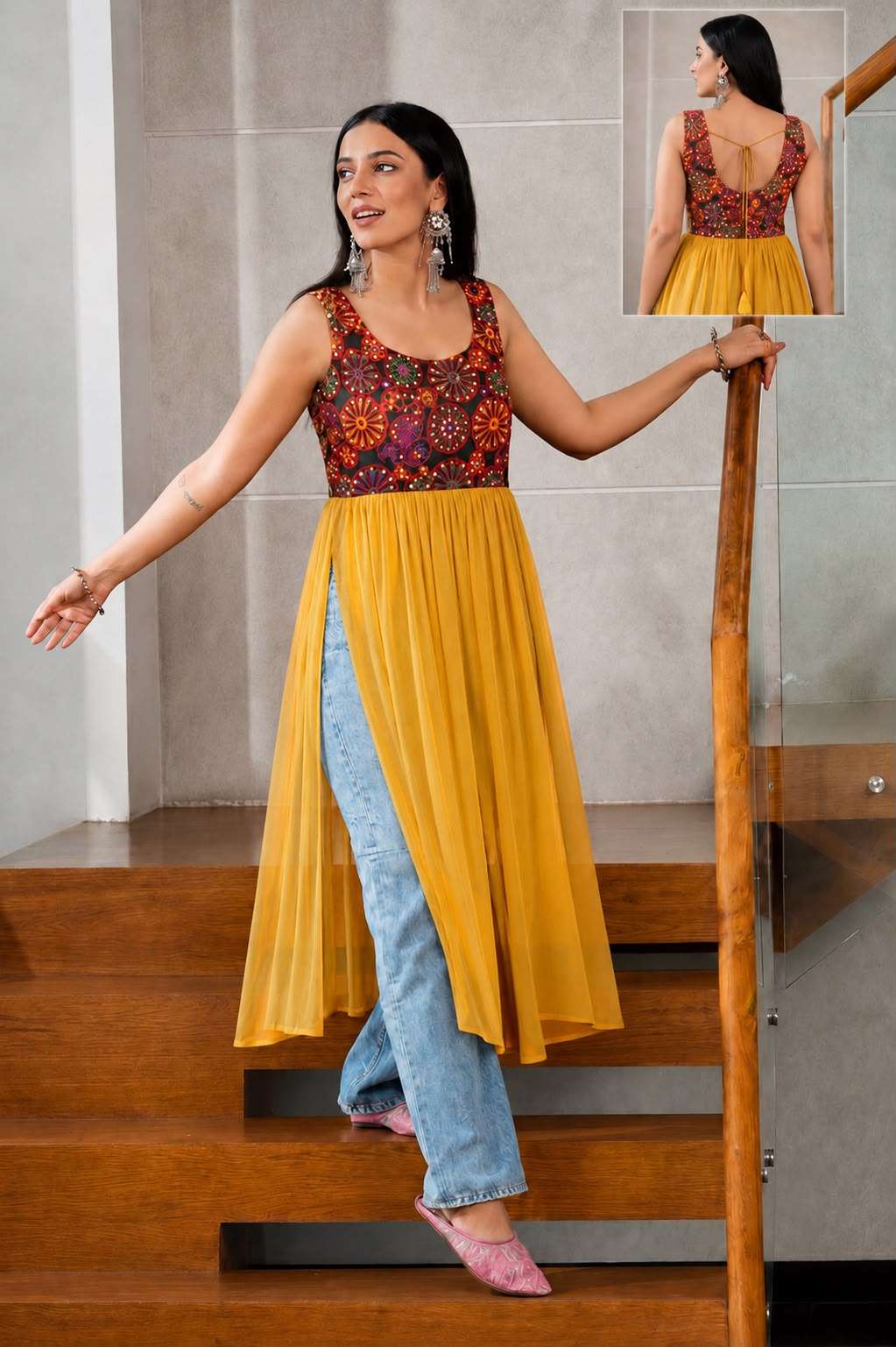 INLI PANGHAT GEORGETTE MIRROR WORK DESIGNER NAVRATRI WEAR LADIES KURTI 