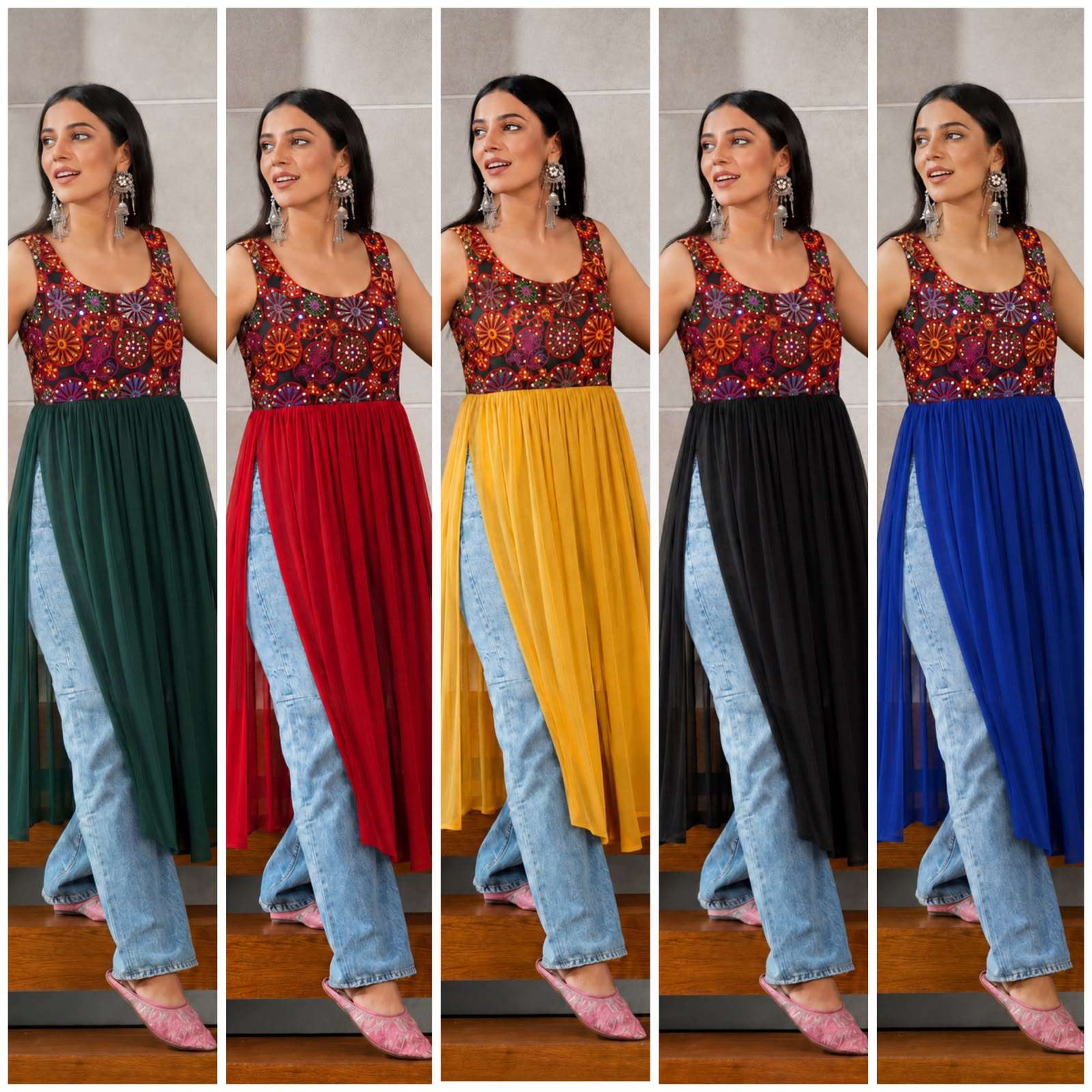 INLI PANGHAT GEORGETTE MIRROR WORK DESIGNER NAVRATRI WEAR LADIES KURTI 