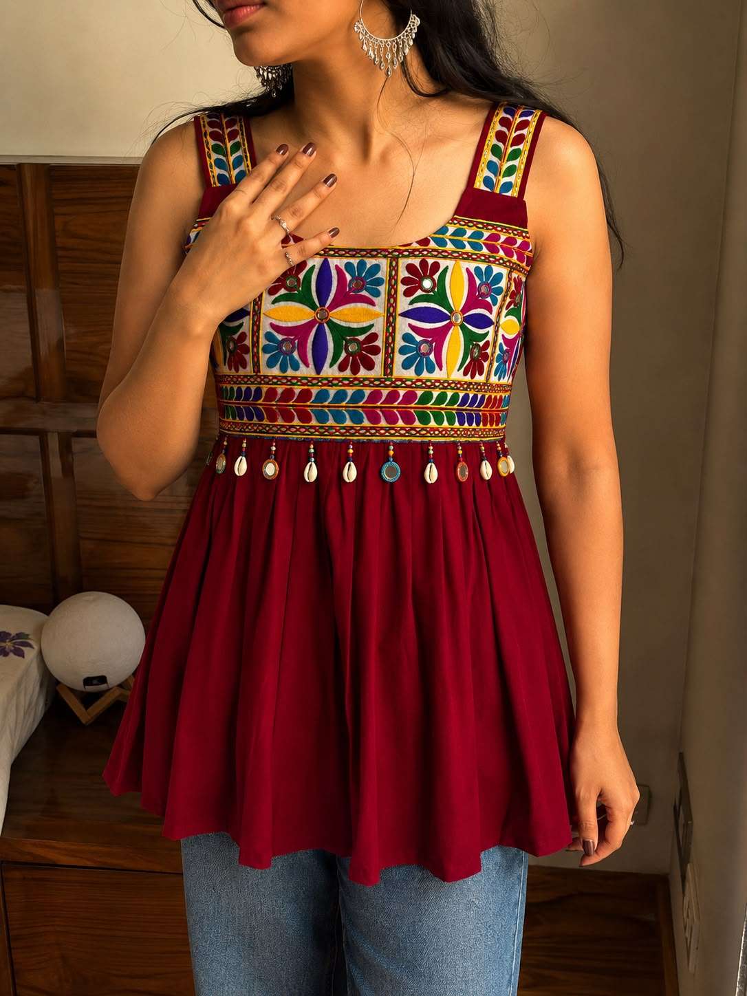 INLI PANKHI RAYON FANCY GAMTHI EMBROIDERY WORKS NAVRATRI WEAR LADIES TOP