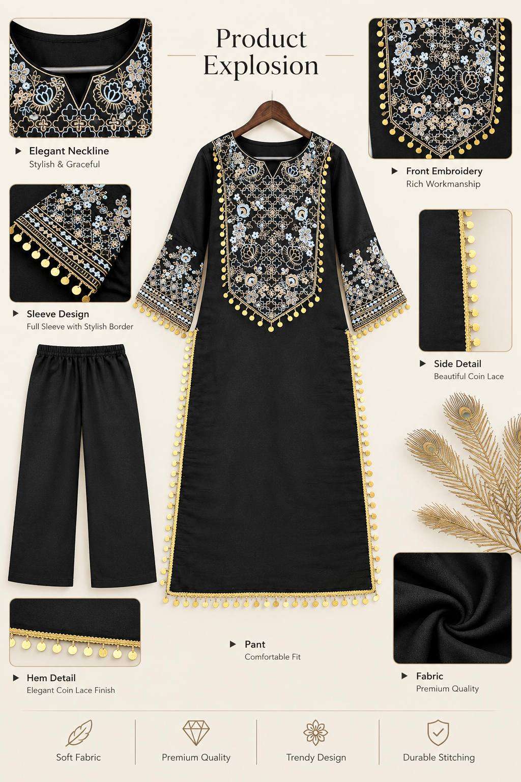 JD 655 SILK BEAUTIFUL EMBROIDERY DESIGNER FESTIVE WEAR KURTI WITH PANT SET