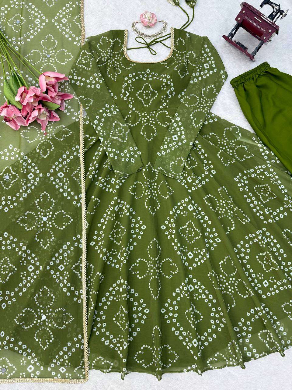JD 658 SILK BANDHANI PRINT PRINTED DESIGNER WORK ANARKALI GOWN STYLE DRESS 