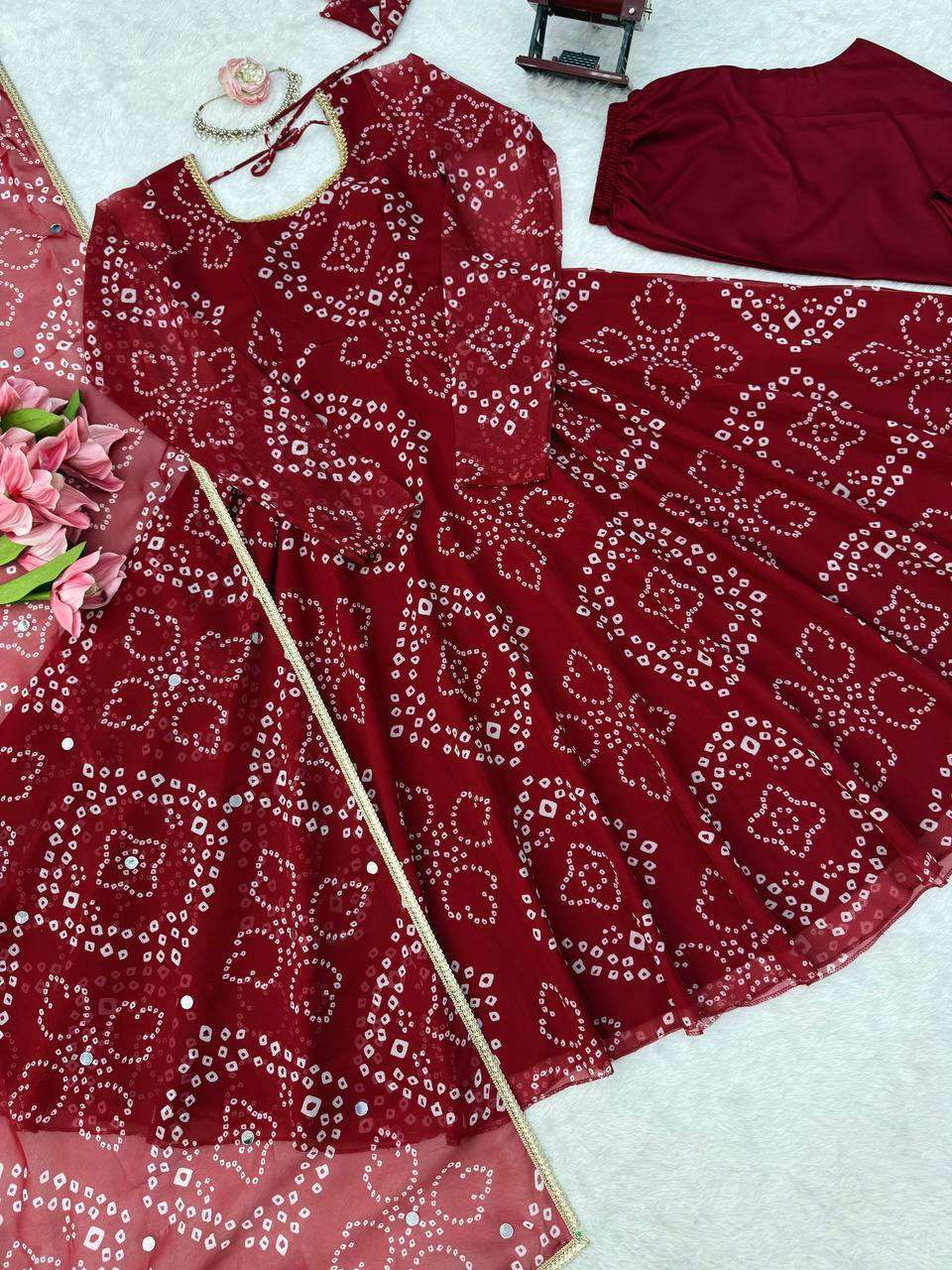JD 658 SILK BANDHANI PRINT PRINTED DESIGNER WORK ANARKALI GOWN STYLE DRESS 