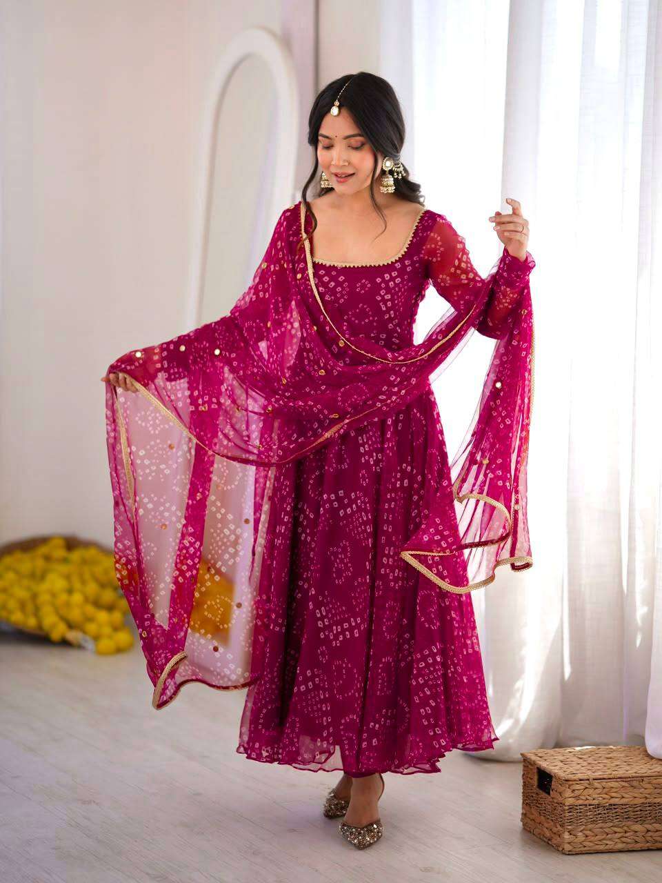 JD 658 SILK BANDHANI PRINT PRINTED DESIGNER WORK ANARKALI GOWN STYLE DRESS 