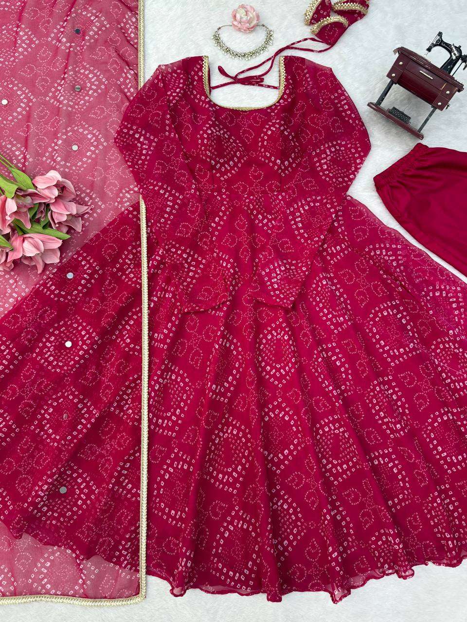 JD 658 SILK BANDHANI PRINT PRINTED DESIGNER WORK ANARKALI GOWN STYLE DRESS 