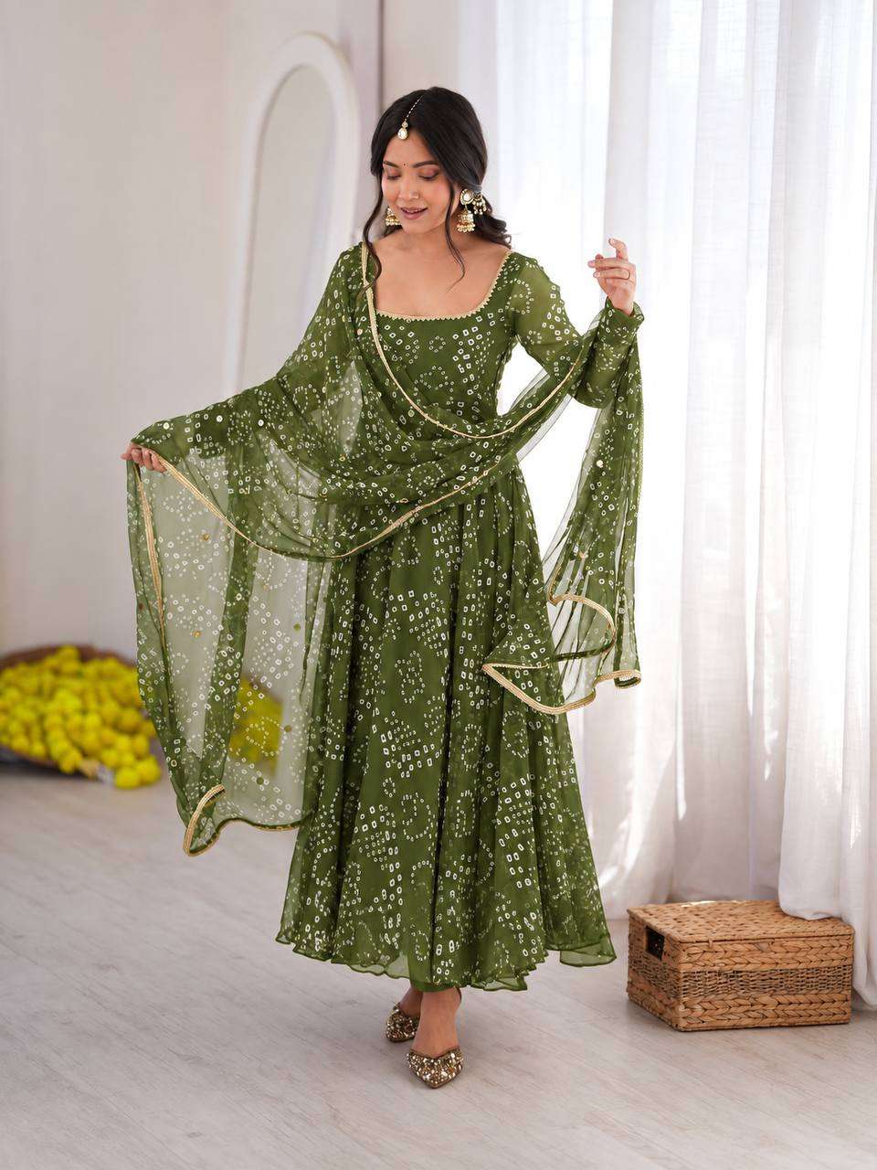 JD 658 SILK BANDHANI PRINT PRINTED DESIGNER WORK ANARKALI GOWN STYLE DRESS 