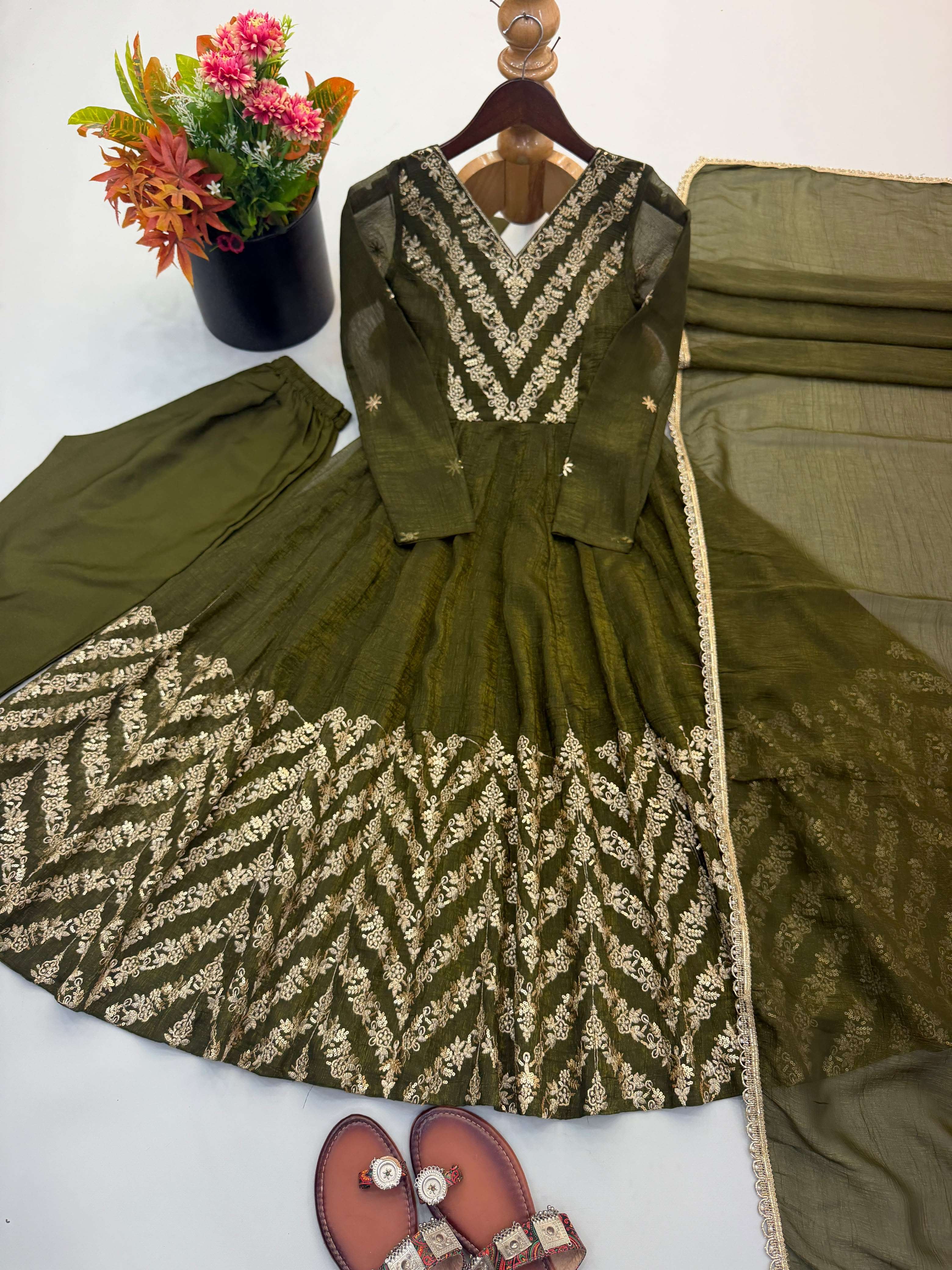 JF 050 SILK BEAUTIFUL DESIGNER LOOK ANARKALI STYLE GOWN PANT WITH DUPATTA SET 