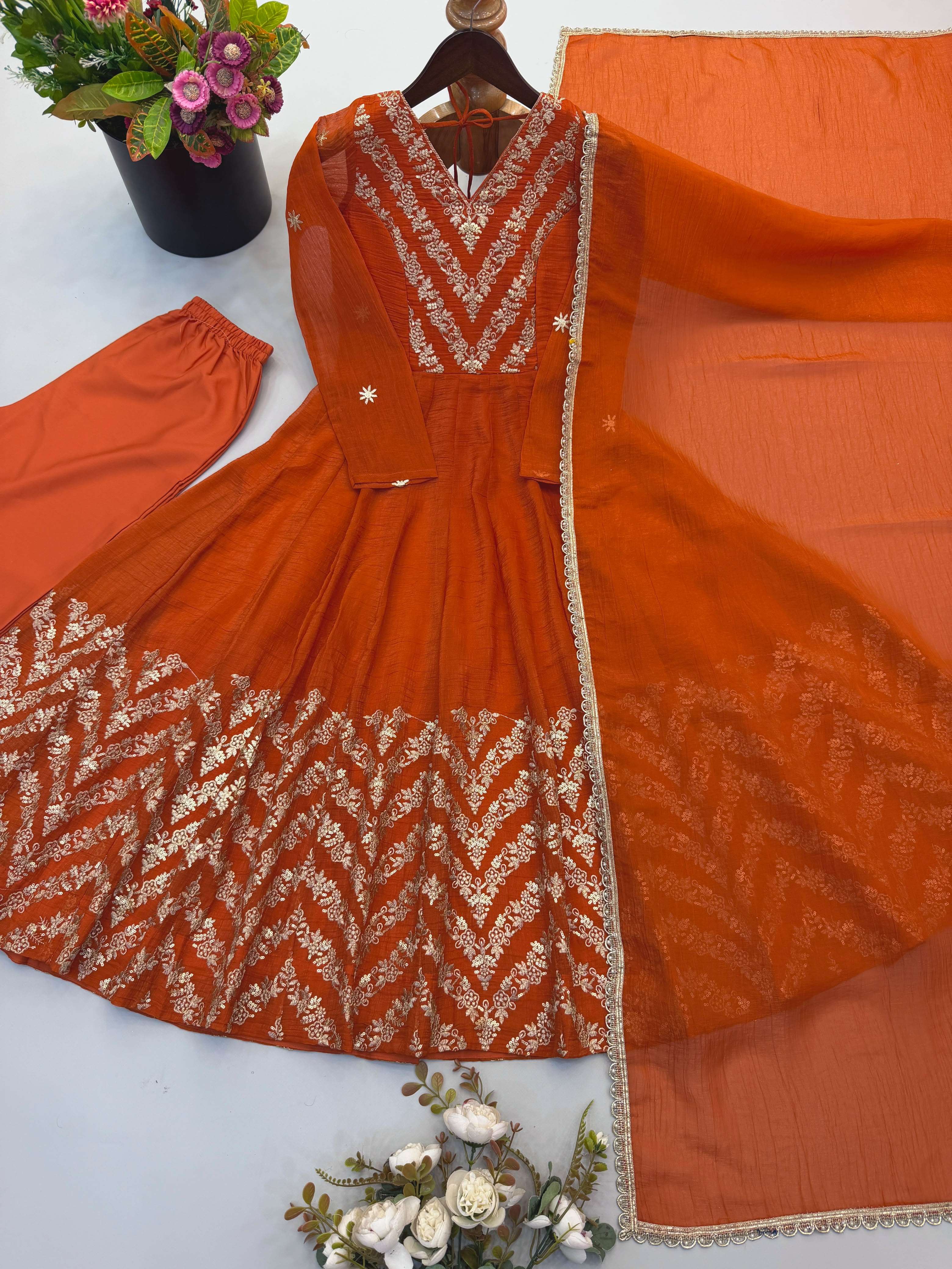 JF 050 SILK BEAUTIFUL DESIGNER LOOK ANARKALI STYLE GOWN PANT WITH DUPATTA SET 