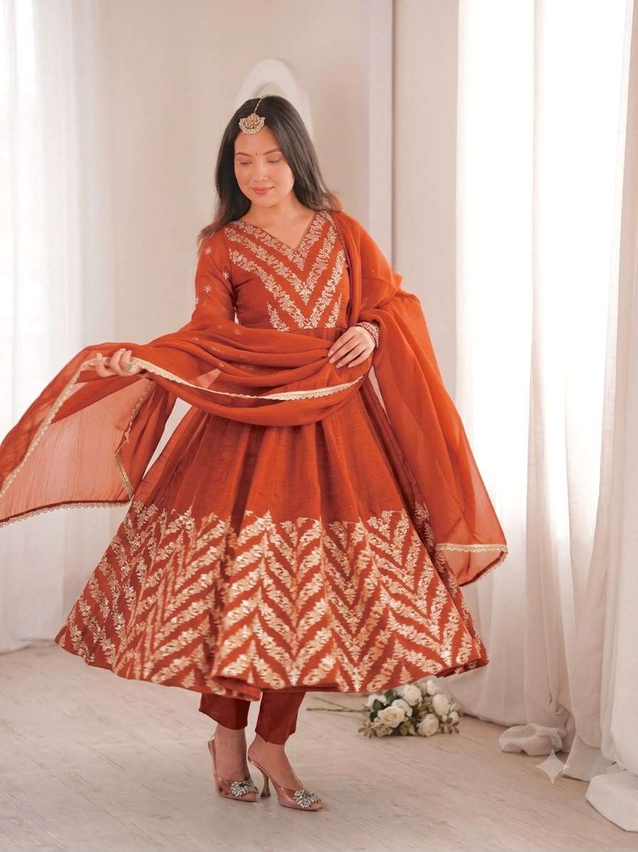 JF 050 SILK BEAUTIFUL DESIGNER LOOK ANARKALI STYLE GOWN PANT WITH DUPATTA SET 