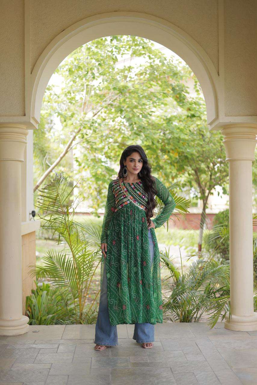 KA 1272 GEORGETTE BANDHANI PRINT KUTCHI WORK NAVRATRI WEAR KURTI 